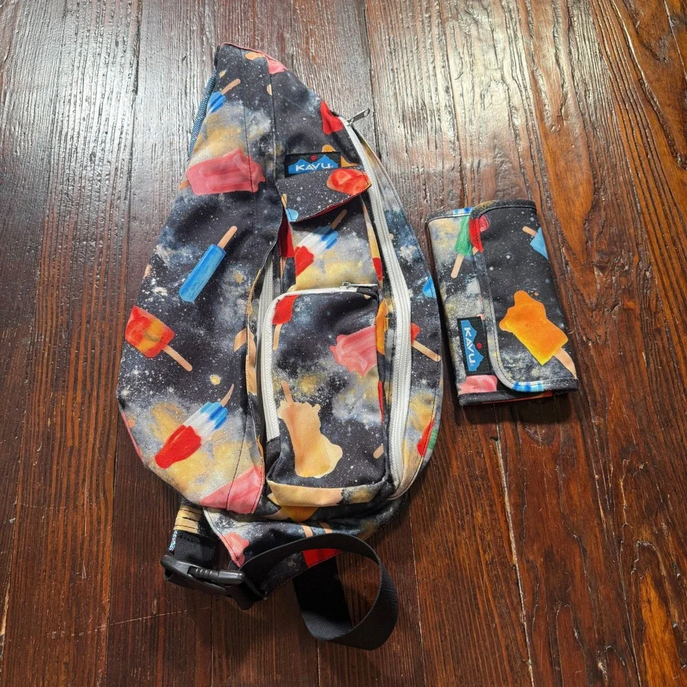 KAVU Rope Sling Bag and Wallet Set Festival Multicolor Popsicle Space‎ Print